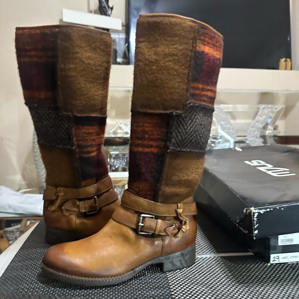 MJUS Brown Plaid Knee-High Boots